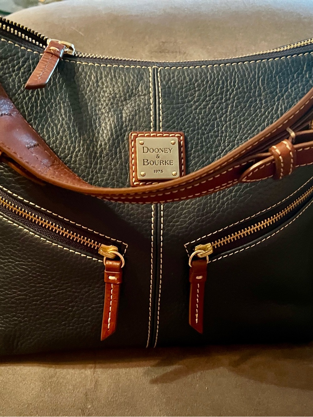 Dooney & Bourke Navy Pebbled Leather Satchel with Brown Trim with pouch - Picture 9 of 13